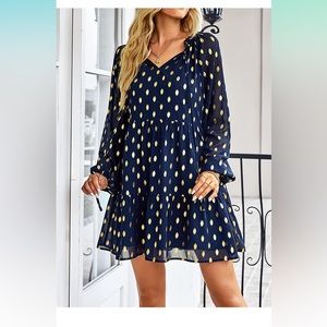 Long Sleeve V Neck Ruffle Polka Dot Mini Dress